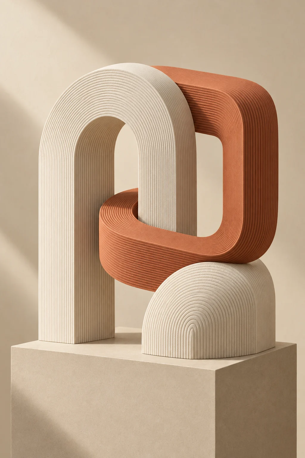Arte conceitual em IA: arcos em tons de papel e argila, entrelaçados em uma composição escultural. Não fabricado.