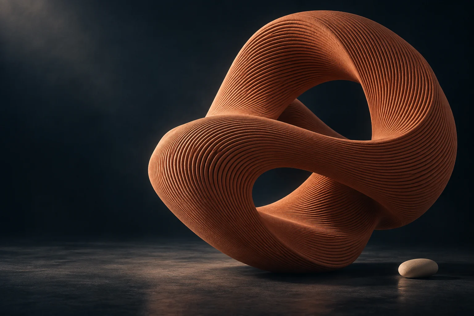Arte conceitual: uma fita escultural de terracota suspensa, formada por linhas delicadas.